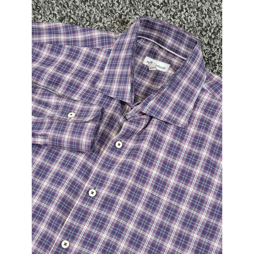 Peter Millar Shirt Mens XL Blue Plaid Button Front Cotton Long Sleeve